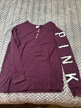 PINK Victoria's Secret Plum Long Sleeve Henley Tee with White Sleeve Logo